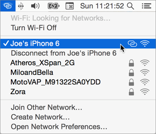 ②  Personal Hotspot devices appear on this menu along with other Wi-Fi networks.
