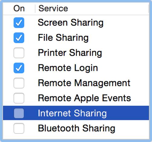 ①  Select Internet Sharing to start—but you can’t check the box (yet).