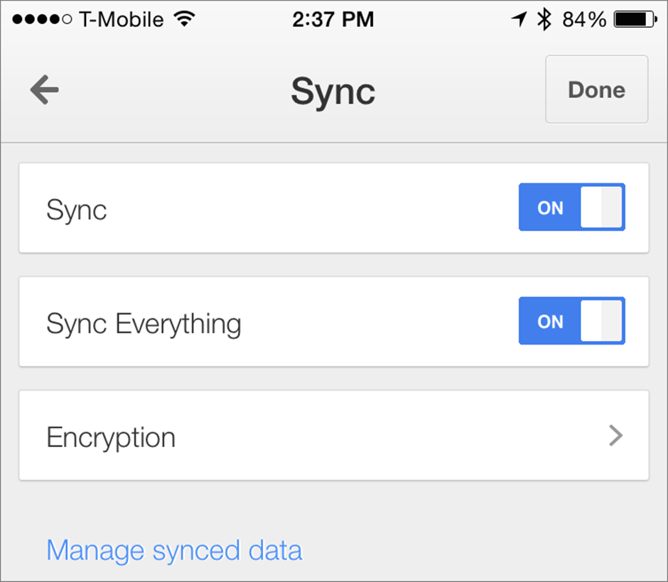 ①  Turn both buttons on to sync bookmarks (and other data) with Chrome for iOS.