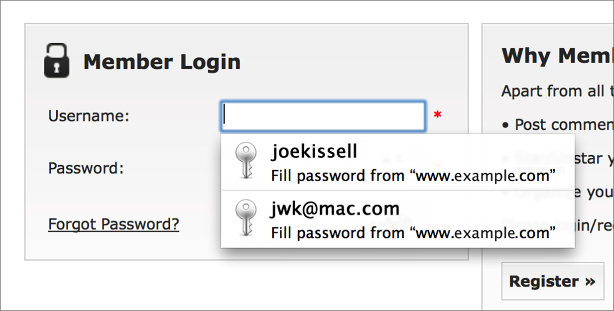 ①  If you have two or more sets of credentials for a site, Safari lets you choose the one you want.