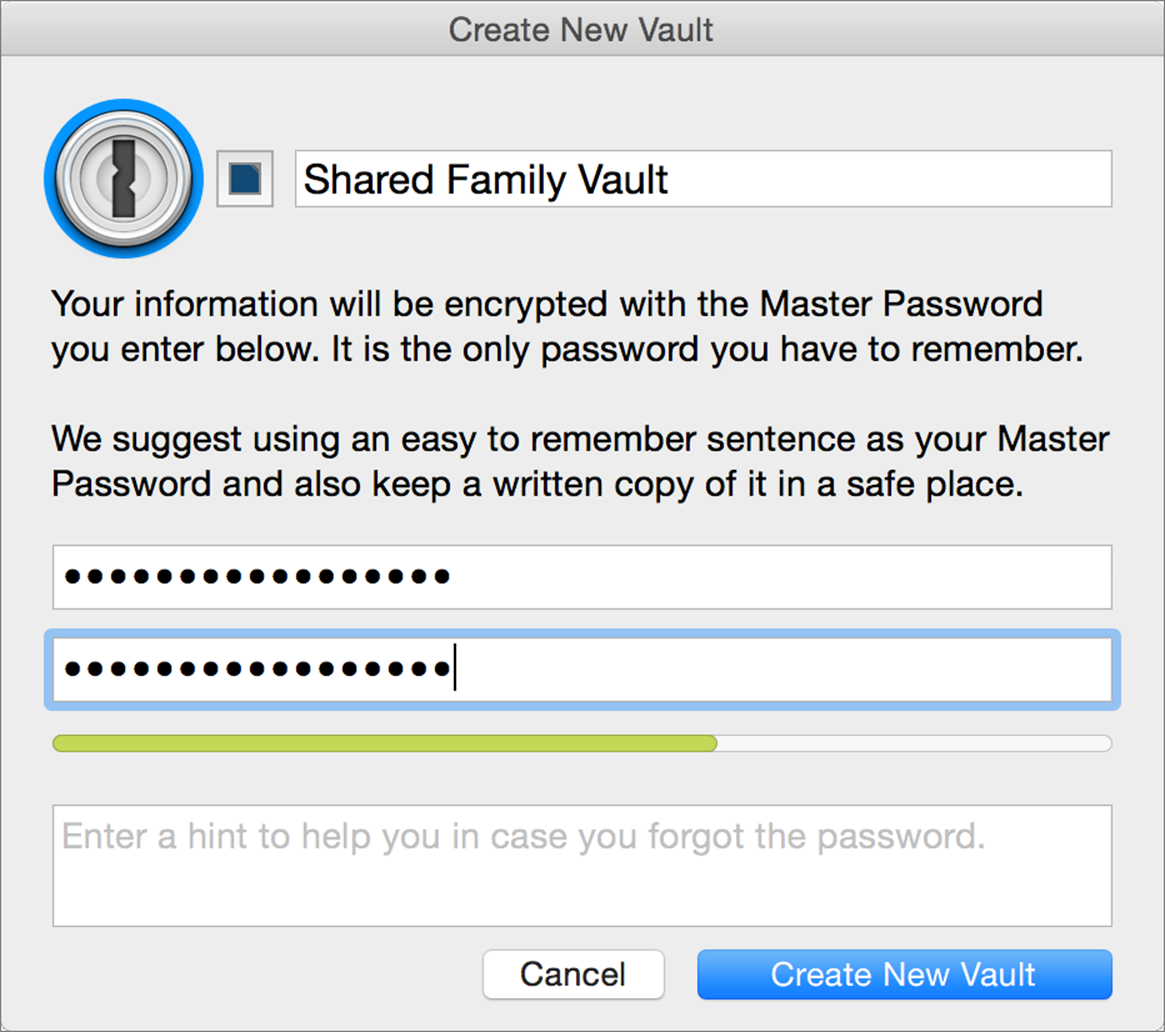 ①  When someone adds a shared 1Password vault, the Create New Vault dialog appears.