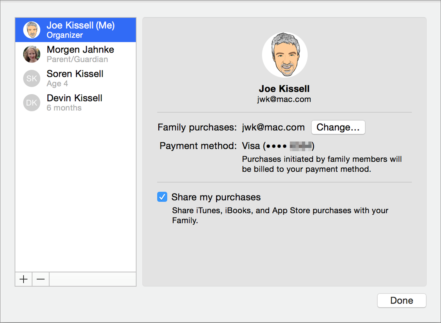 ①  Manage payment method and family members in this dialog within the iCloud preference pane.