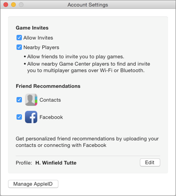②  The main Account Settings screen for Game Center on a Mac.