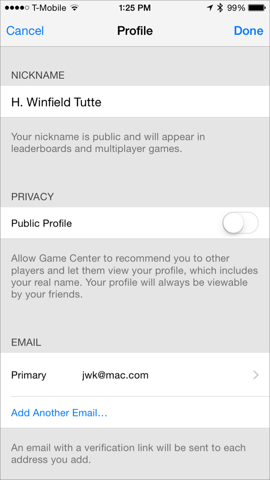 ③  Modify profile settings on this screen. iOS (shown here) lets you add email addresses.