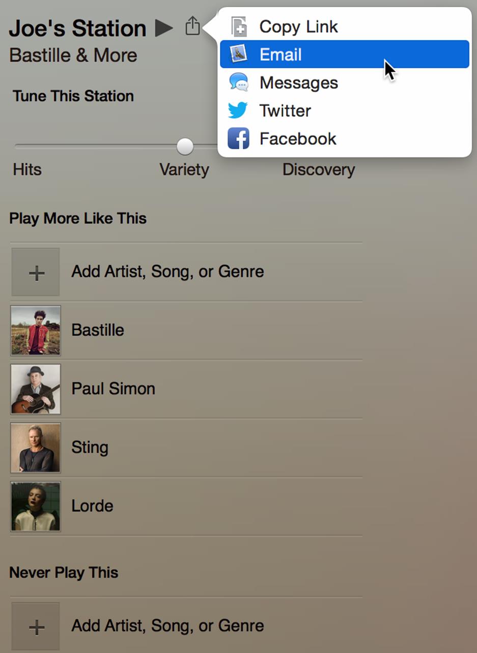 ①  After selecting a custom iTunes Radio station, click the Share button and choose a sharing method from the pop-up menu.