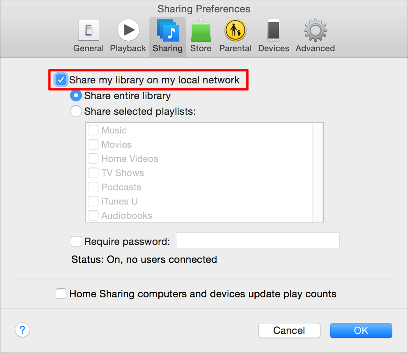 ①  Select this checkbox to make your iTunes music available for streaming on your local network.