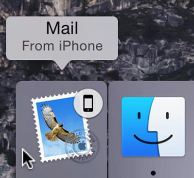 ①  This icon on the left edge of your Dock indicates a task that can be handed off from another device. Hover over the icon to see the app and device name in a tooltip.