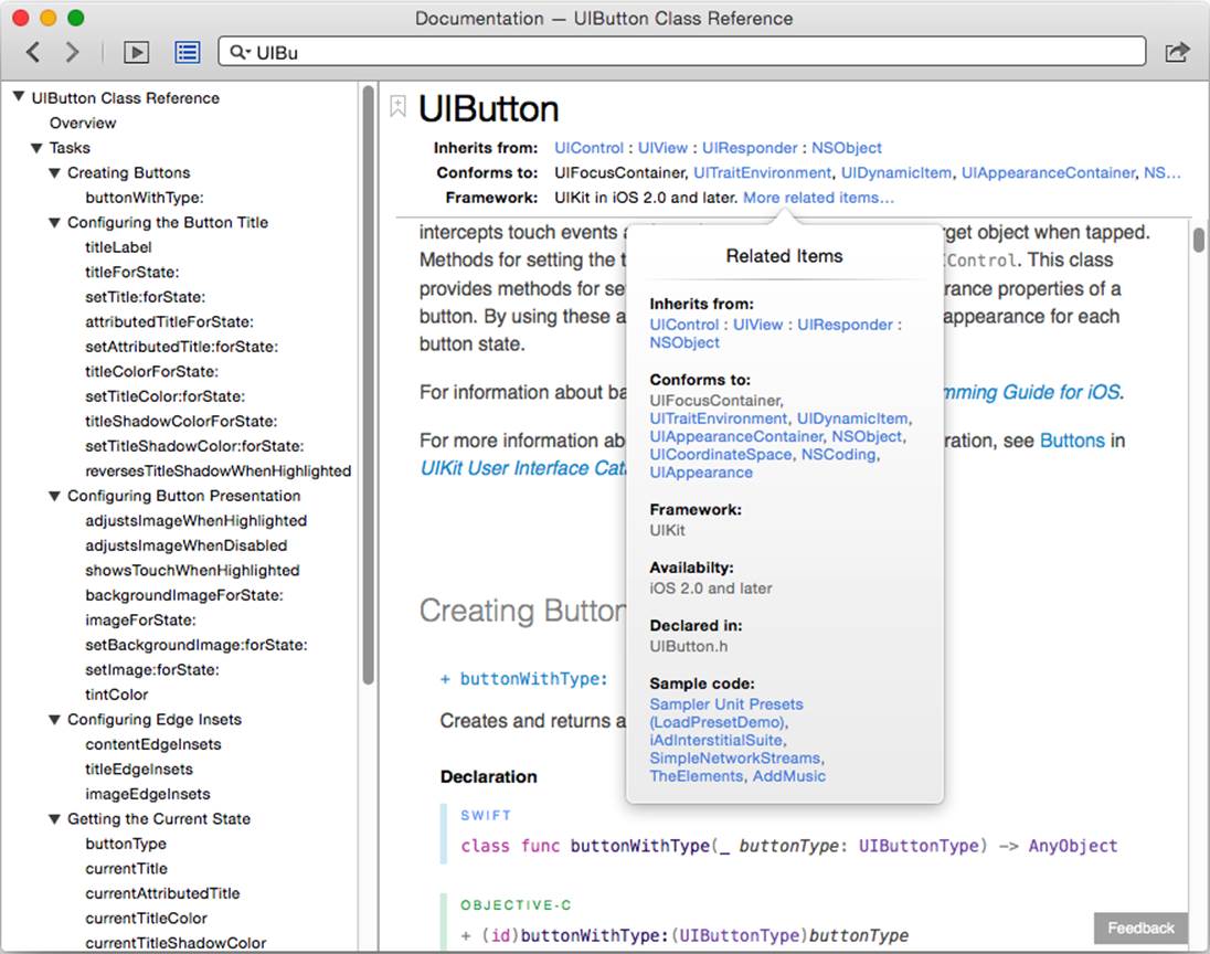The start of the UIButton class documentation page