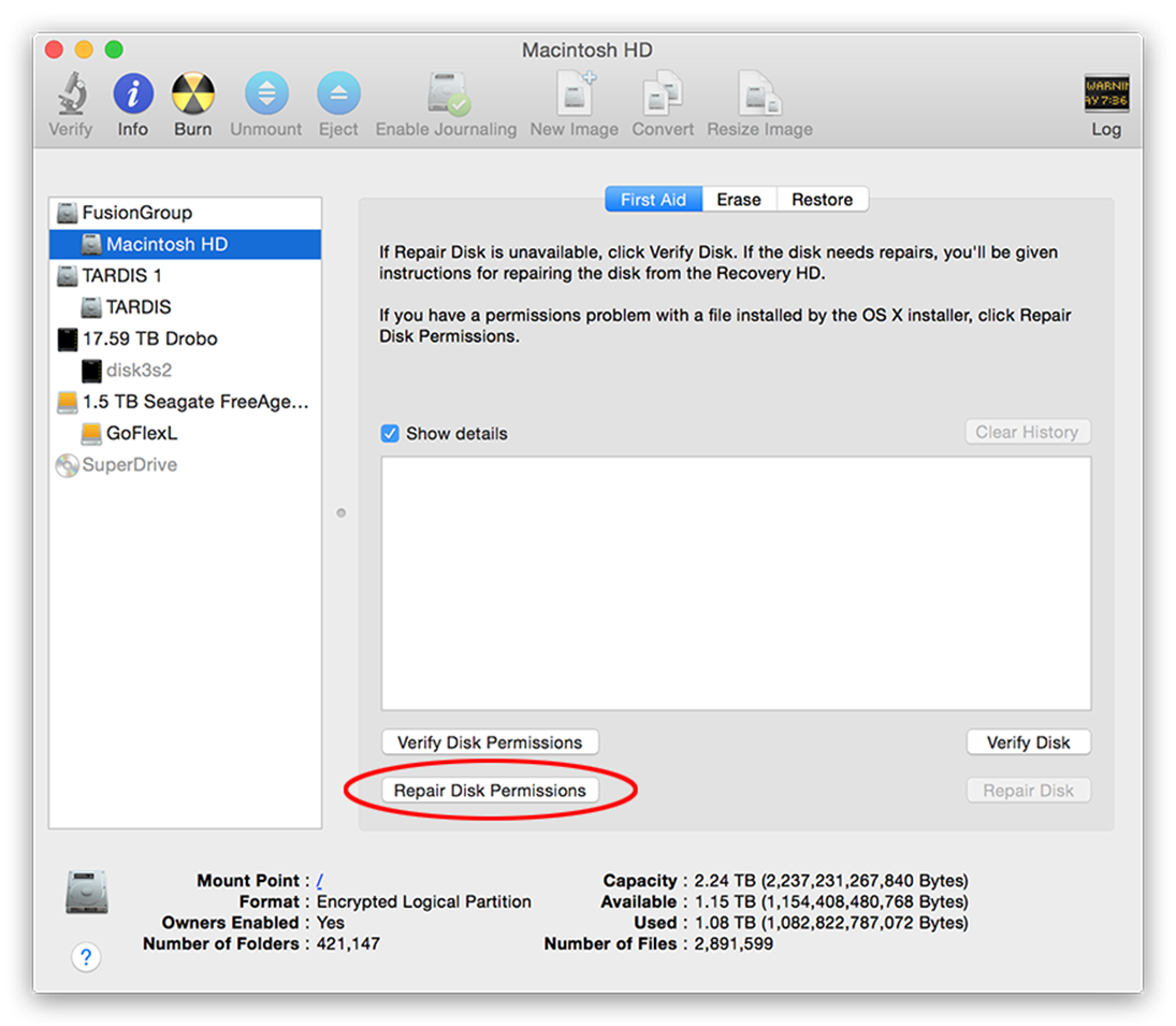 **Figure 2:** Repair permissions by selecting a disk and clicking the Repair Disk Permissions button.