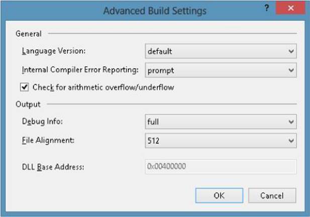 Changing the compiler’s default setting for performing checked arithmetic using Visual Studio’s Advanced Build Settings dialog box