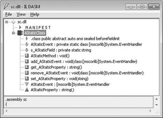 ILDasm.exe showing the class as abstract sealed in metadata.