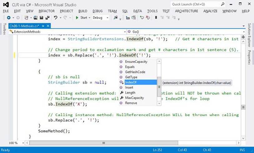 Visual Studio’s IntelliSense window, showing extension methods.