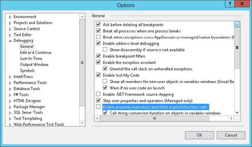 The Visual Studio General Debugger settings.