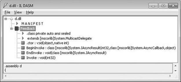 ILDasm.exe showing the metadata produced by the compiler for the delegate.