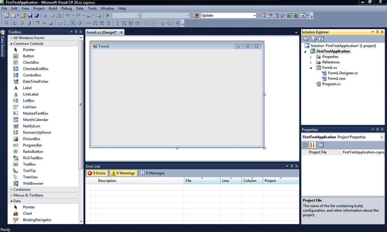 The screen for a blank new Windows Forms Application