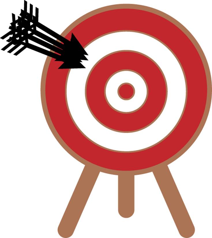 Image of an archery target. Four arrows are clustered very close together in the third ring of the targer.