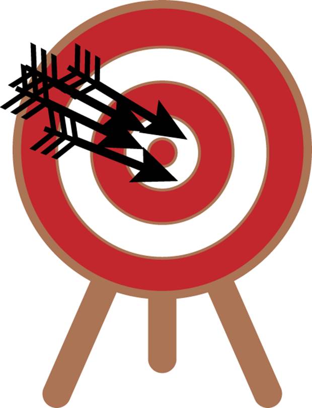 Image of an archery target with four arrows, all in different places in the second ring.