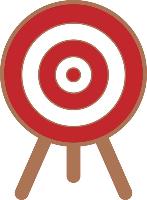 Drawing of an archery target on a stand. The target has concentric circles alternately black and white.