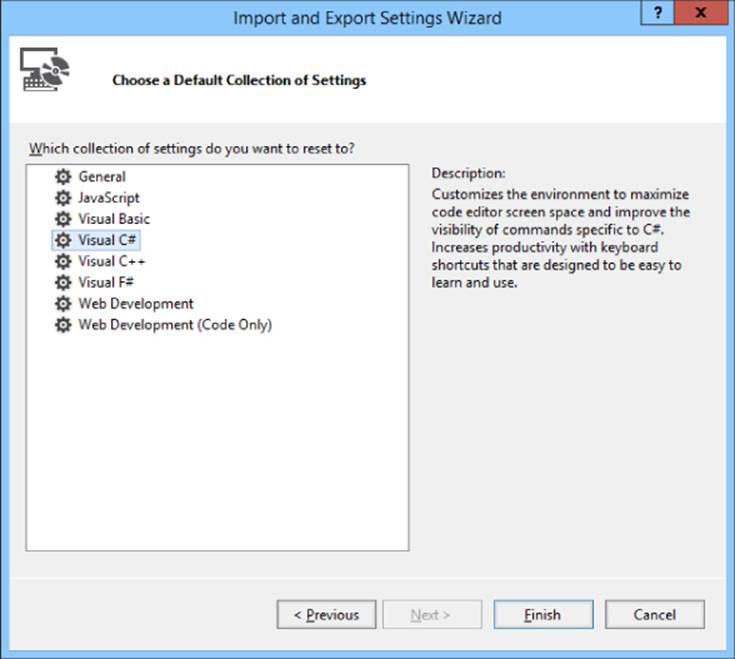 Screenshot of Import and Export Settings Wizard dialog box listing the collection settings to reset. Visual C# is highlighted with description at the right. Previous, Finish, and Cancel buttons are at the bottom.