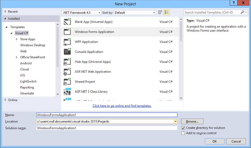Screenshot of the New Project dialog box presenting the expanded Visual C# project types folder at the left with a list of templates at the center pane and a short description for selected template at the right pane.