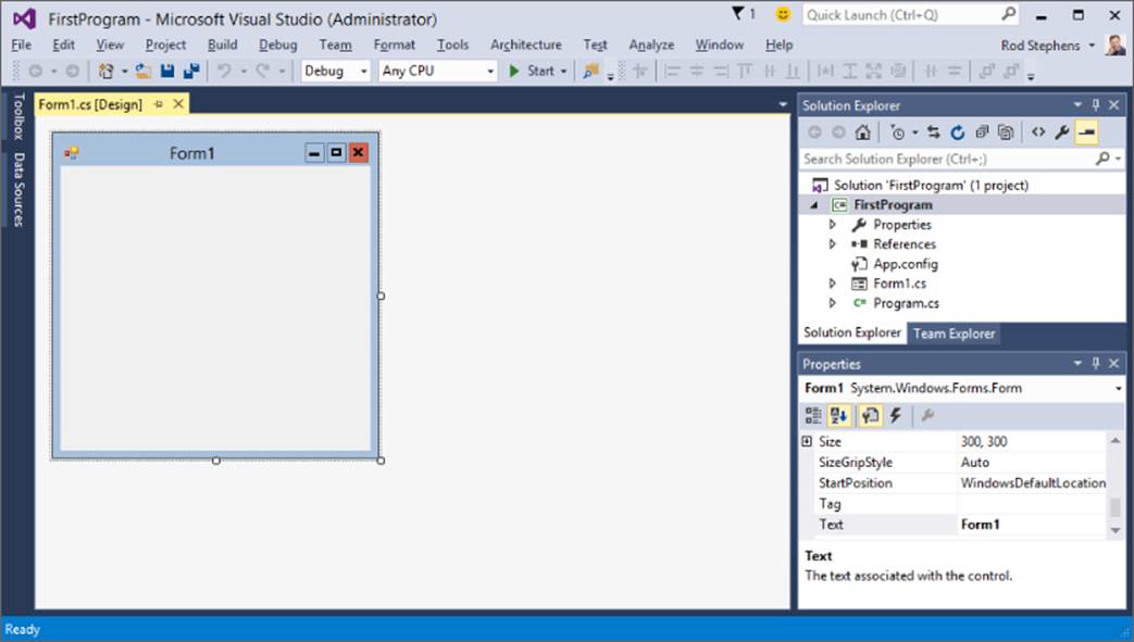 Screenshot of the FirstProgram- Microsoft Visual Studio (Administrator) window presenting the popped-up Form1 window. Solution Explorer and Poperties windows are at the right.
