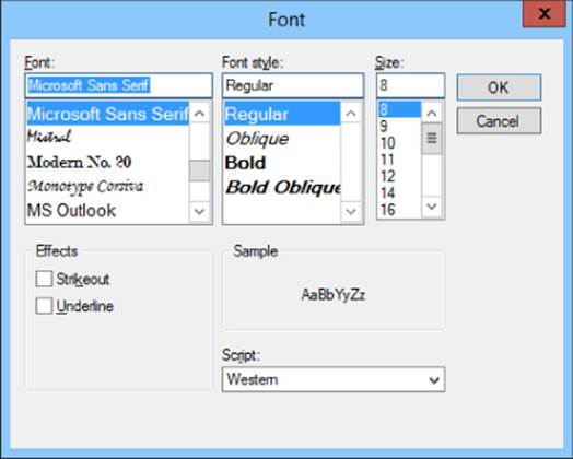 Font dialog box presenting three sub-properties—Font, Font style, and Size—with two checkbox options for Effects, a sample preview, and the Script set to Western. OK and Cancel buttons are at the upper right side.