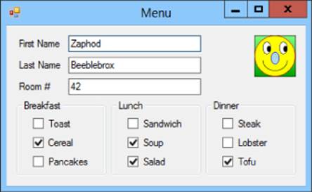 Screenshot of the Menu window presenting three rows, each having a label and a textbox, with a picture box image at the upper right. Breakfast, Lunch, and Dinner has three checkboxes each displayed in column.