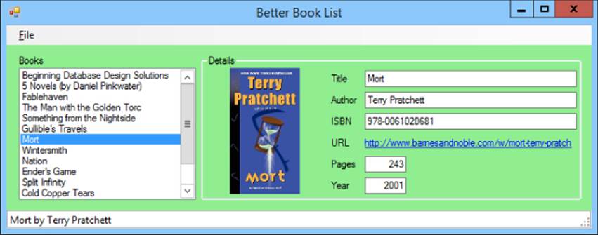 Screenshot of the Better Book List window presenting a selected book titled Mort at the left panel with the Details at the right. A picture image box of the book's cover is displayed at middle.
