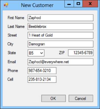 Screenshot of New Customer dialog box displaying data entry fields for First Name, Last Name, Street, City, State, ZIP, Email, Phone, and Cell with OK and Cancel buttons.