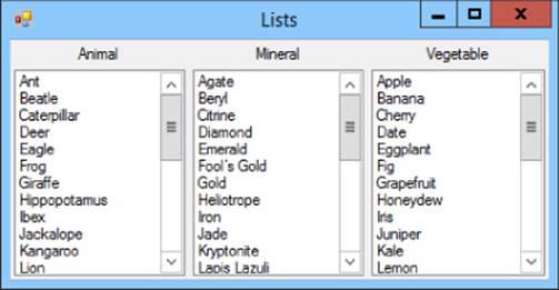 Screenshot of Lists dialog box displaying three list boxes of Animal, Mineral, and Vegetable.  