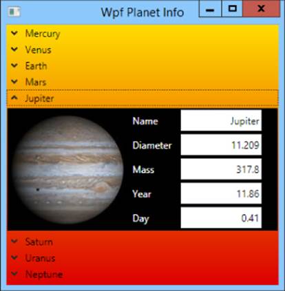 Screenshot of Wpf Planet Info dialog box displaying the Jupiter Expander with a photo of Jupiter and entry fields for Name, Diameter, Mass, Year, and Day.