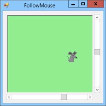 Screenshot of Follow Mouse window displaying a graphic of a mouse over a green background with scrollbars on the right and bottom sides of the window.