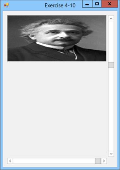 Screenshot of Exercise 4-10 window displaying a stretched photo of Albert Einstein on the upper one-third portion of the window. Scrollbars are on the right and bottom sides.
