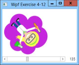 Screenshot of Wpf Exercise 4-12 window displaying a graphic of a girl scientist with goggles raising a test tube and a flask. A scrollbar at the bottom depicts 135 rotation angle.