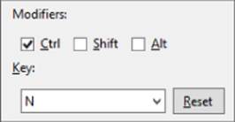 Screenshot of the Modifiers section with check boxes for Ctrl, Shift, and Alt and a drop-down field for Key. A Reset button is on the right of the drop-down.