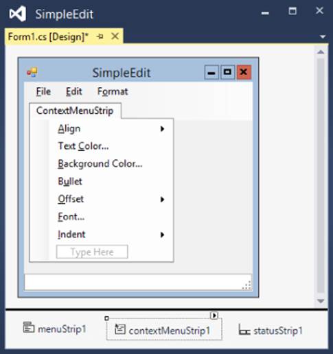 Screenshot of the Simple Edit window displaying options under the Context Menu Strip: Align, Text Color, Background Color, Bullet, Offset, Font, and Indent.