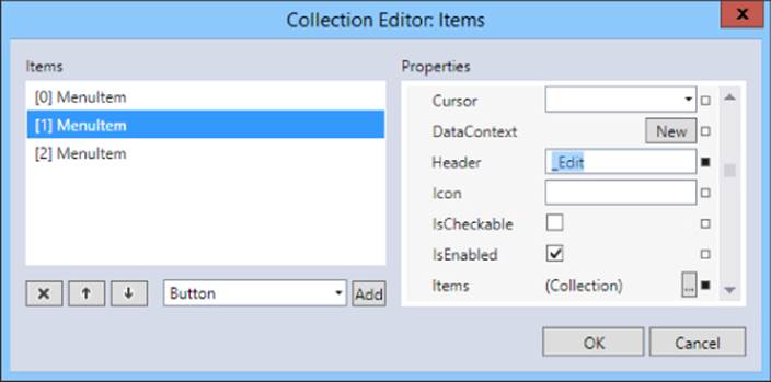 Screenshot of Collection Editor presenting options in the Items pane (left) and parameters in the Properties pane (right) containing the ellipsis on the far right of Items parameter.