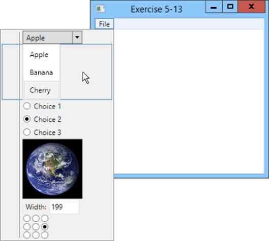 Screenshot of Exercise 5-13 window with expanded File menu: a displayed drop-down menu (apple, banana, cherry), radio buttons for Choices 1 to 3, a photo of the Earth with editable field for Width, and a 3x3 grid.