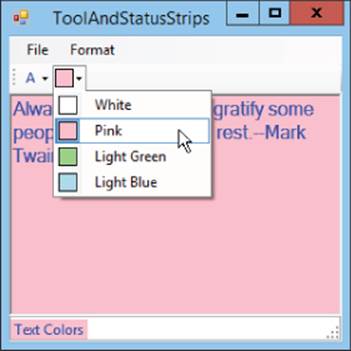 Screenshot of Tool and Status Strips window presenting a cascaded drop-down arrow for background color. Cursor points to Pink option. On the content panel is a text in blue font over a pink background.