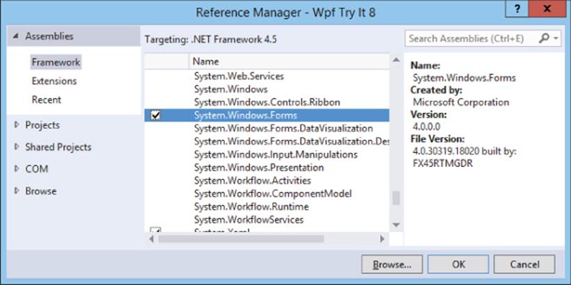 Reference Manager dialog box presenting the checked box for System.Windows.Forms in the middle pane. Browse, OK, and Cancel buttons are located at the bottom right.