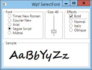 SelectFont dialog box presenting Font Style with radio buttons on the left, Font Size with vertical slider at the center, and Font Effects with radio buttons on the right.