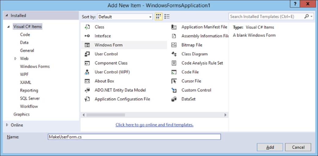 Add New Item – WindowsFormsApplication1 dialog box with selected VisualC# Items (left), the highlighted Windows Form (center), and the Name field with MakeUserForm.cs and Add and Cancel buttons (bottom).