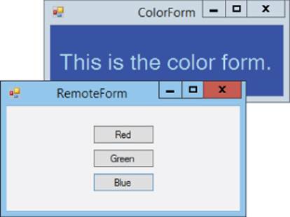 The RemoteForm program window with three buttons labeled Red, Green, and Blue, respectively, and the ColorForm window with text This is the color form.