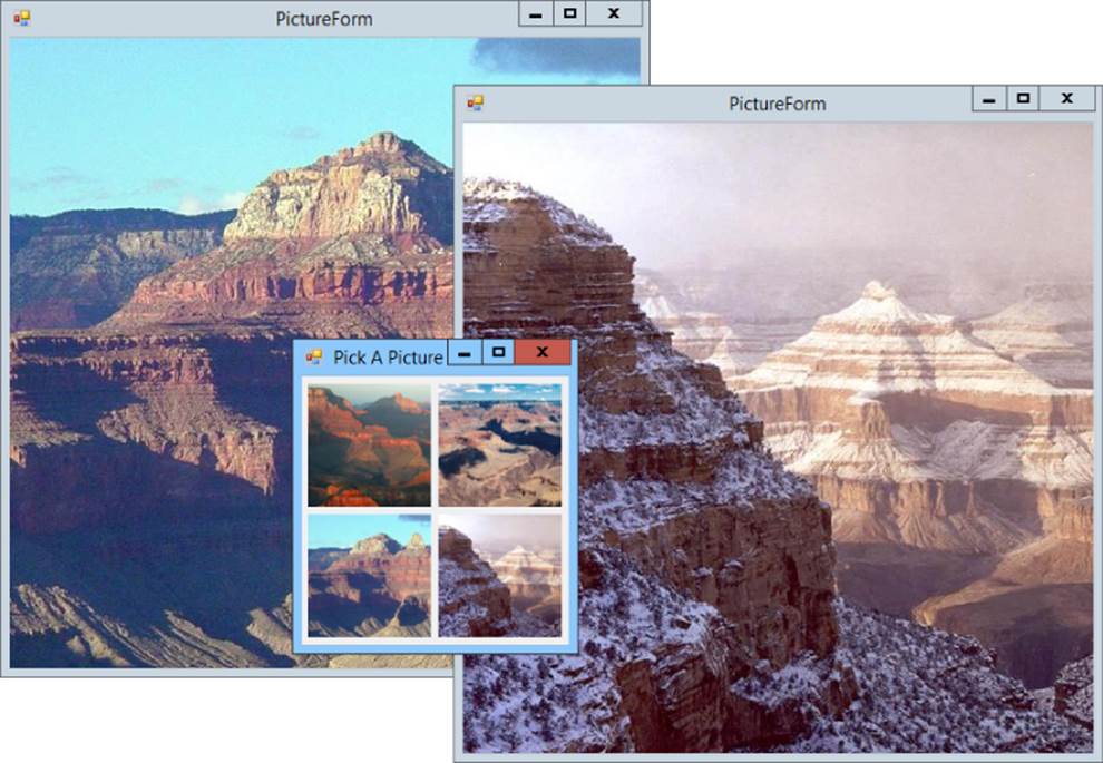 Pick A Picture program window presenting four pictures and two PictureForm windows of two selected pictures from the Pick A Picture program window.