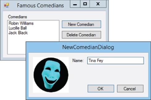NewComedianDialog dialog box with label Name and textbox with text Tina Fey and Famous Comedians window with field box with list of comedians on the left and New Comedian and Delete Comedian buttons on the right.