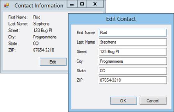 Screenshots of Edit Contact dialog box with list of values with corresponding textboxes and OK and Cancel buttons below and Contact Information window with labels with corresponding values and Edit button.