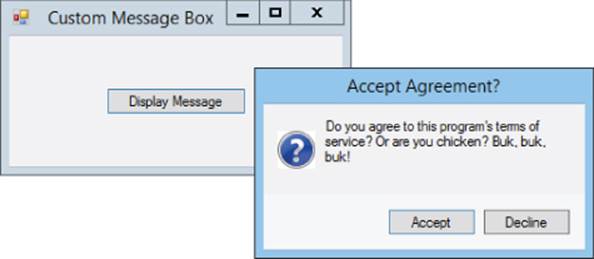 Screenshots of dialog box labeled Accept Agreement? asking user to agree or decline program's terms of service with Accept and Decline buttons and Custom Message Box window with Display Message button at center.