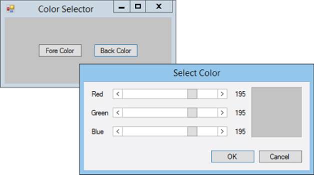 Screenshots of dialog box labeled Select Color with labels Red, Green, and Blue on the left, slider controls at center, and OK and Cancel buttons and Color Selector window with Fore Color and Back Color buttons.