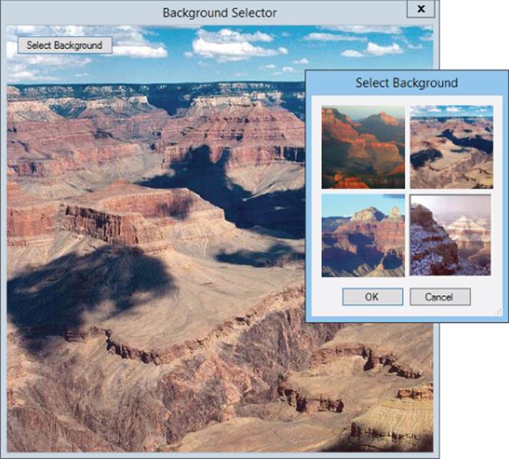 Screenshots of Select Background dialog box with four pictures and OK and Cancel buttons and Background Selector dialog box with the selected picture in full view and Select Background button at the top left.