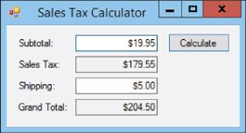 Sales Tax Calculator window displaying on the left amounts $19.95, $179.55, $5.00, and $204.50 for Subtotal, Sales Tax, Shipping, and Grand Total, respectively, and Calculate button on the right.